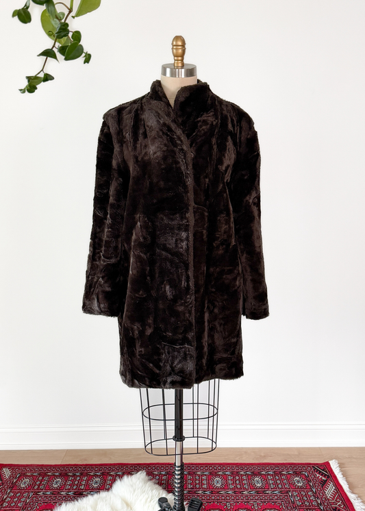 Vintage 70s Sears Dark Brown Faux Fur Coat (M)