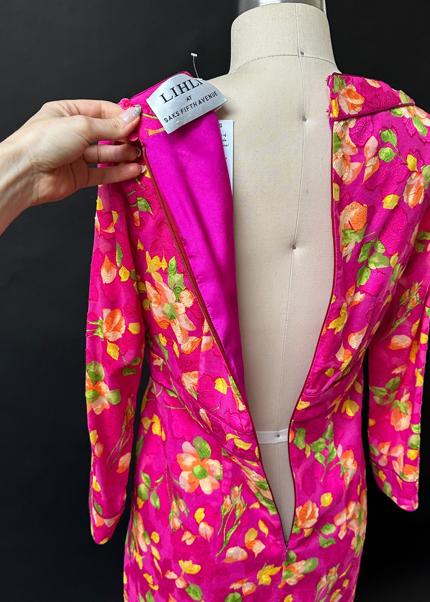 Vintage Lihli at Saks Fifth Avenue 100% Silk Pink Floral 3/4 Sleeve Dress (8)