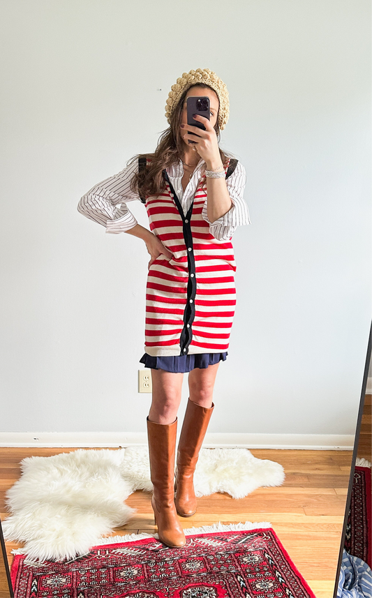 Sonia Rykiel Red Stripe Cotton Wool Button Down Knit Tunic Dress