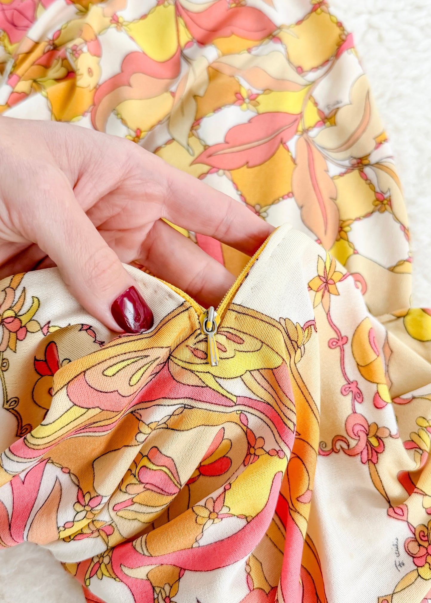 Vintage 60s 70s Emilio Pucci Silk Pink Peach Yellow Abstract Tie Belt Dress