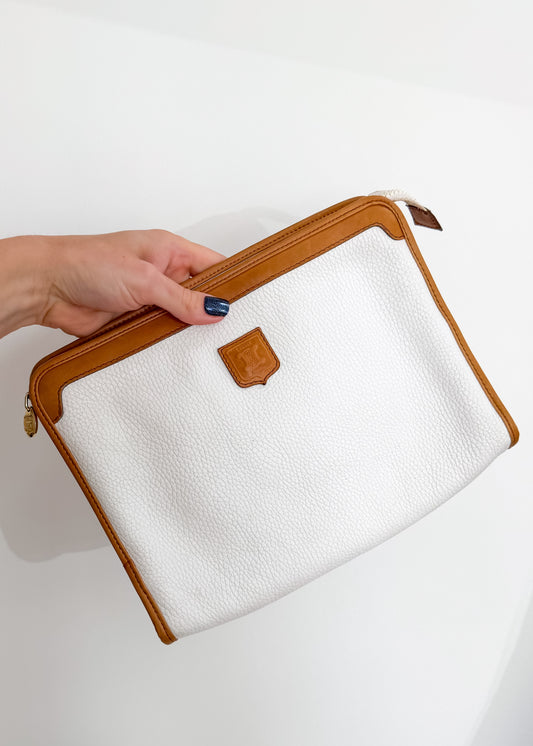 Vintage 80s Celine White & Brown Leather Pouch Clutch Purse