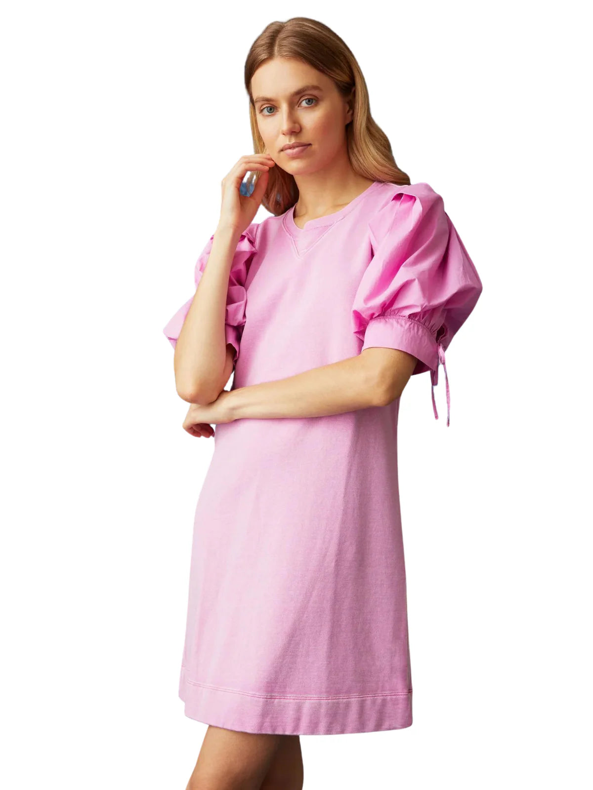 Marie Oliver Petal Pink Shane Dress French Terry Cotton Poplin Puff Sleeve (L)