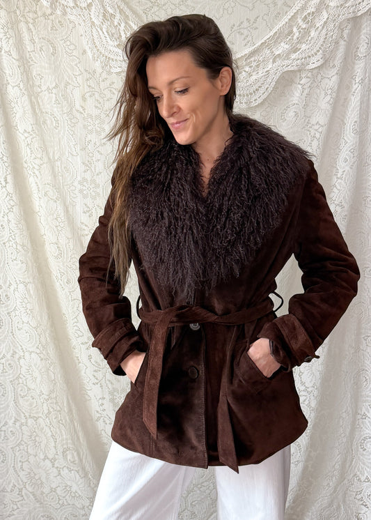Vintage Chocolate Brown Suede Leather & Mongolian Lamb Fur Collar Penny Lane Coat (M)