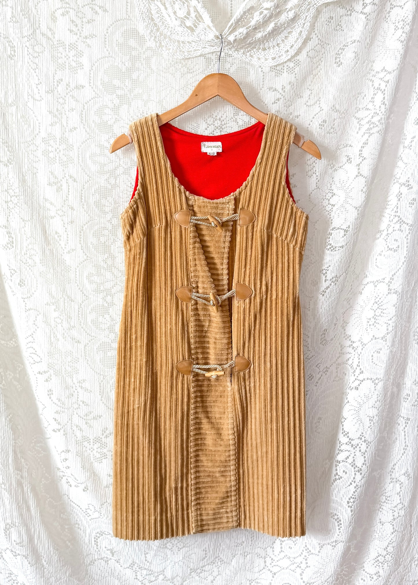 Vintage 70s John Meyer Tan Corduroy Toggle Jumper Dress