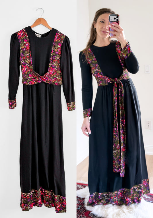 Vintage 60s 70s Zanie London Black & Floral Wrap Maxi Dress (vintage EU 36 or 2/4)