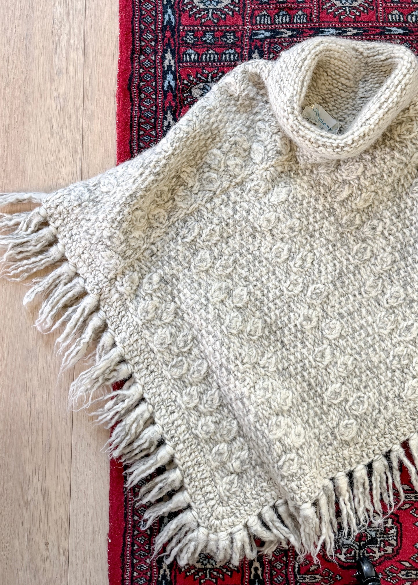 Vintage 60s Gray Ivory Heavy Wool Poncho Cape Sweater