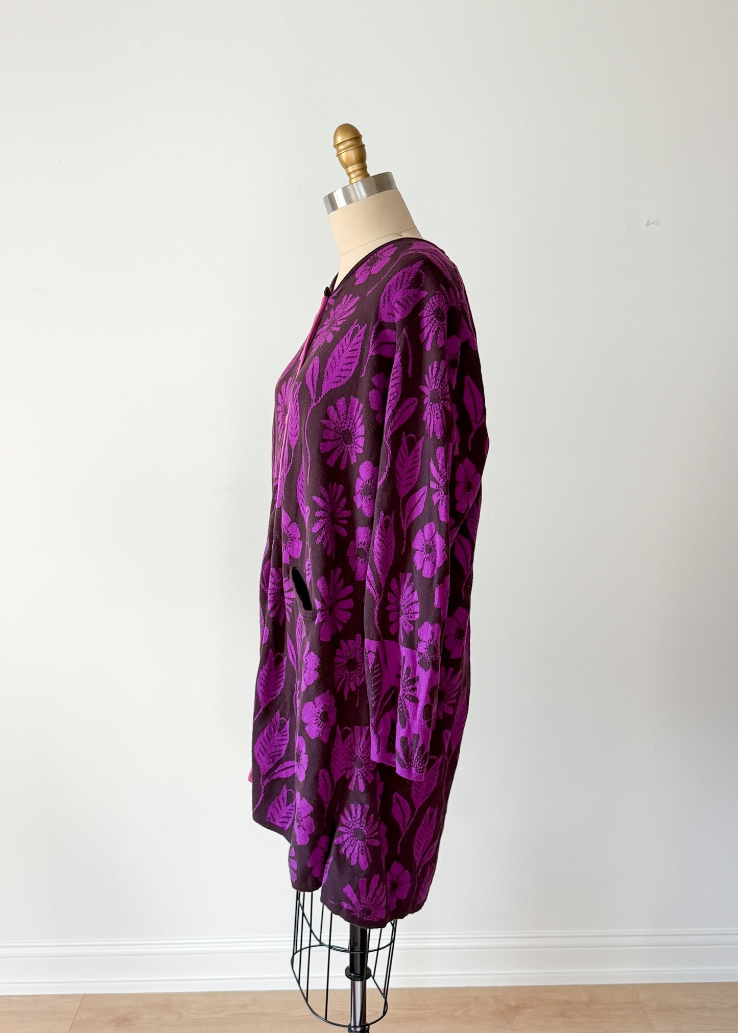 Gudrun Sjoden Purple & Brown Floral Cotton Long Cardigan Jacket (L)