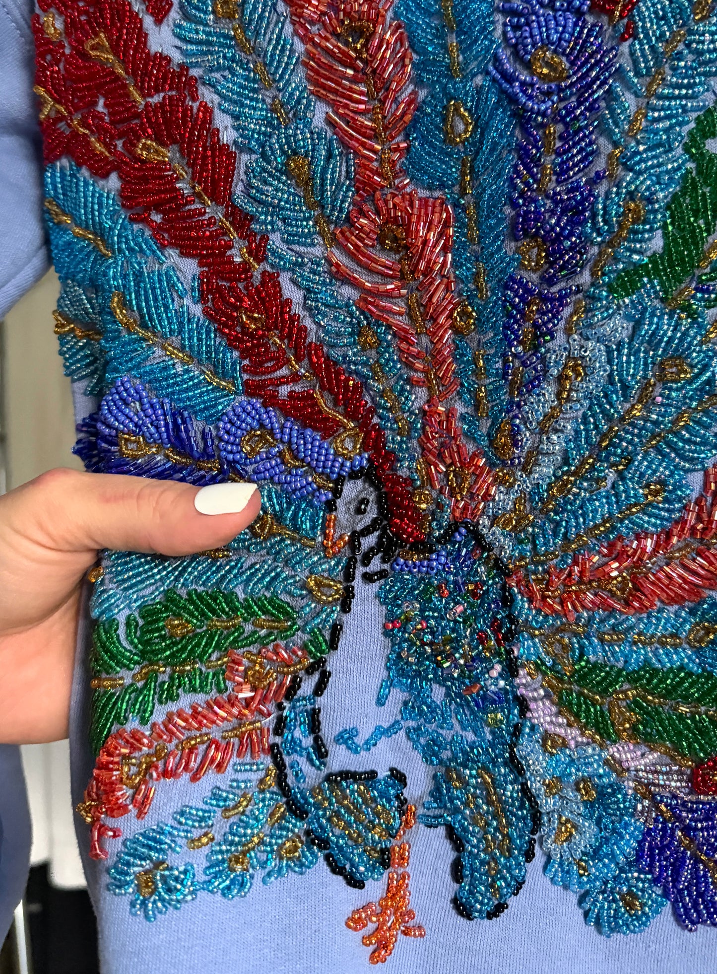 Vintage One-of-a-Kind Peacock Bead Embroidered Hanes Pullover Fleece Sweatshirt (L)