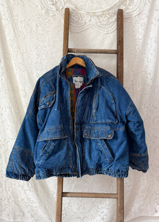 Vintage 90s In Crowd Denim Ski Jacket Southwestern Lined Oversized Coat