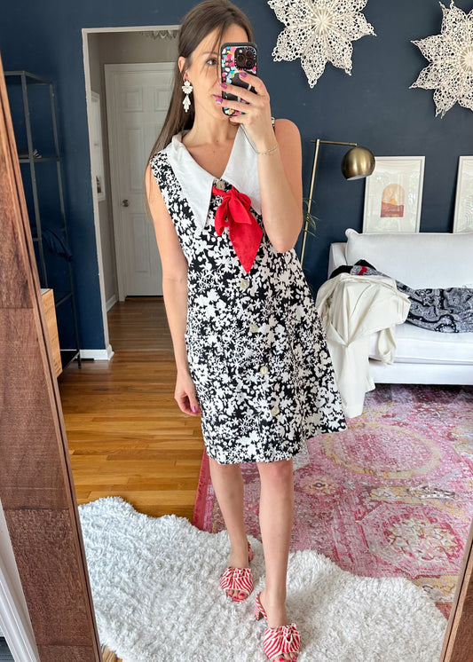 Vintage 70s Floral Print Wide Collar Neck Tie Button Down Dress (8 or M)