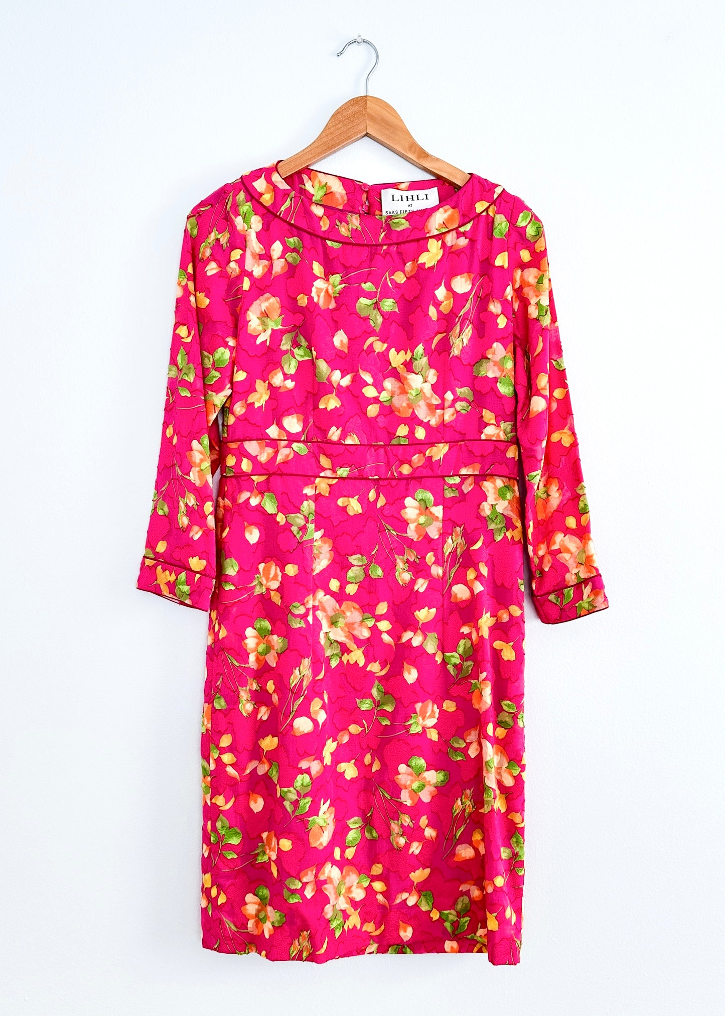 Vintage Lihli at Saks Fifth Avenue 100% Silk Pink Floral 3/4 Sleeve Dress (8)