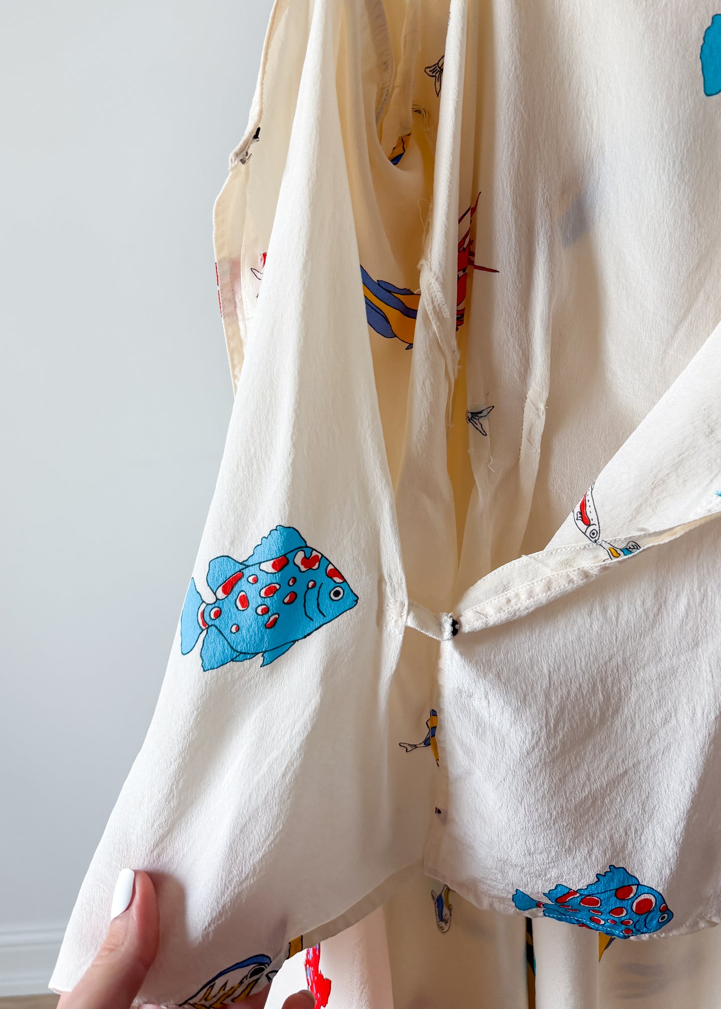 Vintage 80s Jack Mulqueen Cream Silk Fish Print Top Skirt Set