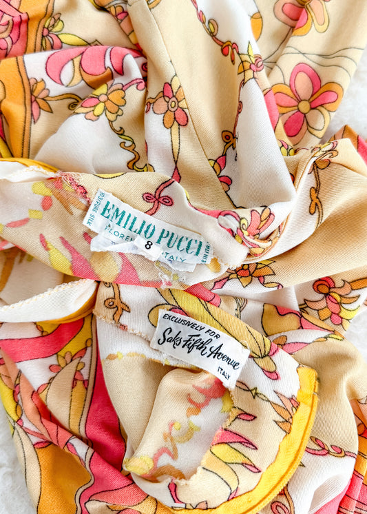 Vintage 60s 70s Emilio Pucci Silk Pink Peach Yellow Abstract Tie Belt Dress