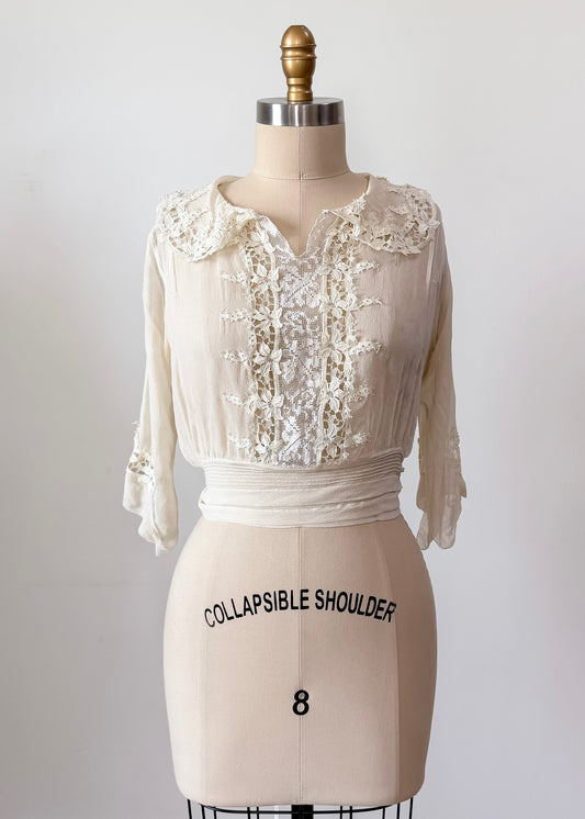 Antique Edwardian Silk Lingerie Blouse with Irish Crochet Lace c. 1905–1915