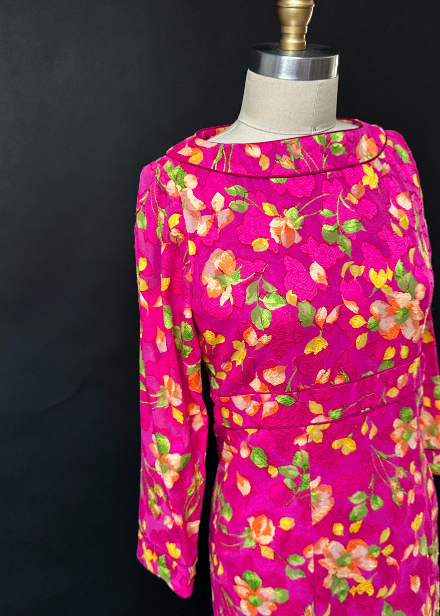 Vintage Lihli at Saks Fifth Avenue 100% Silk Pink Floral 3/4 Sleeve Dress (8)