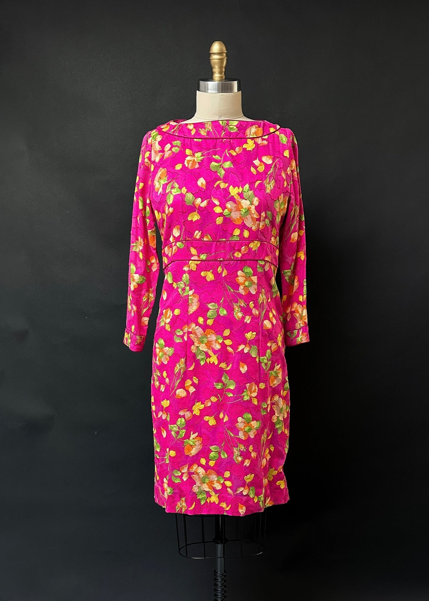 Vintage Lihli at Saks Fifth Avenue 100% Silk Pink Floral 3/4 Sleeve Dress (8)