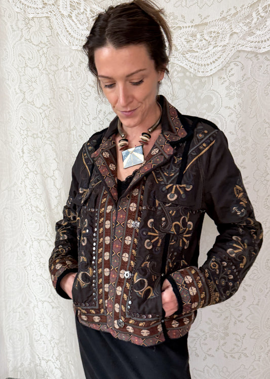 BIYA by Johnny Was Olive Brown Embroidered Studded Boho Moto Jacket