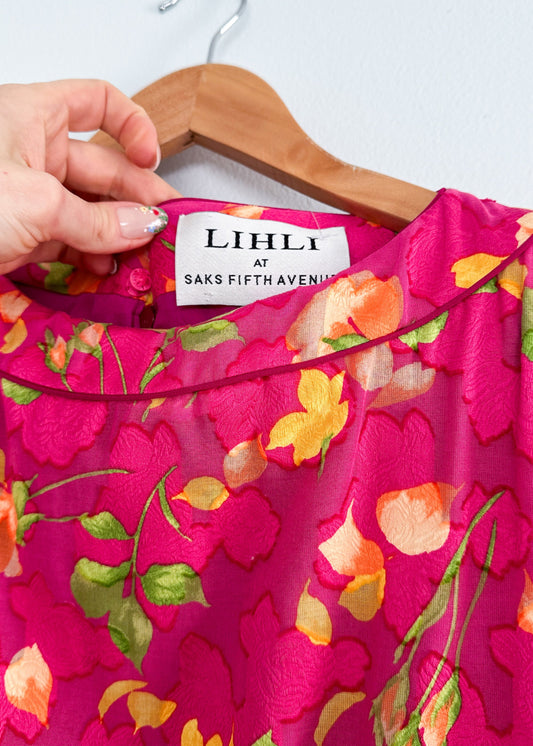 Vintage Lihli at Saks Fifth Avenue 100% Silk Pink Floral 3/4 Sleeve Dress (8)
