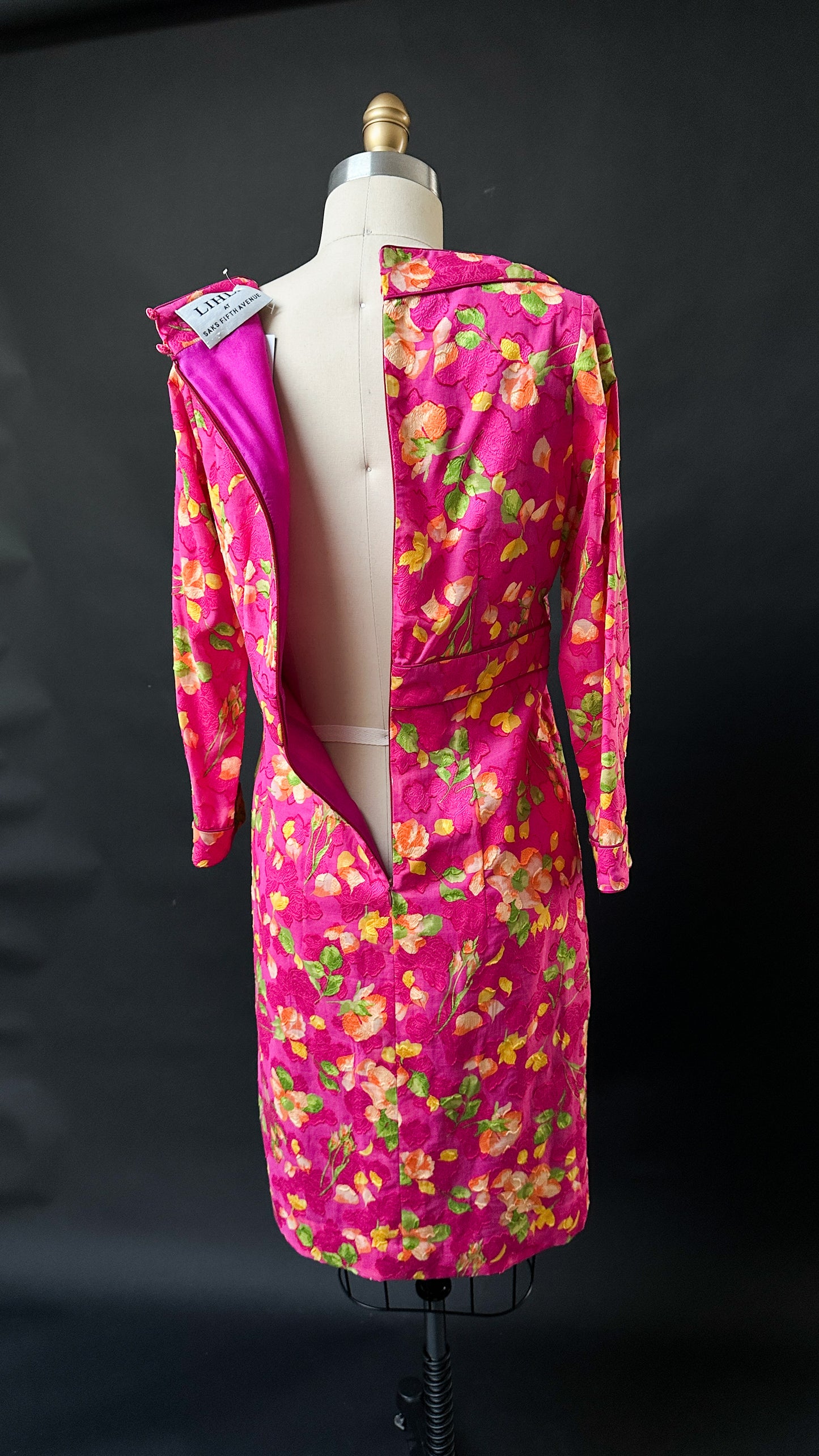 Vintage Lihli at Saks Fifth Avenue 100% Silk Pink Floral 3/4 Sleeve Dress (8)