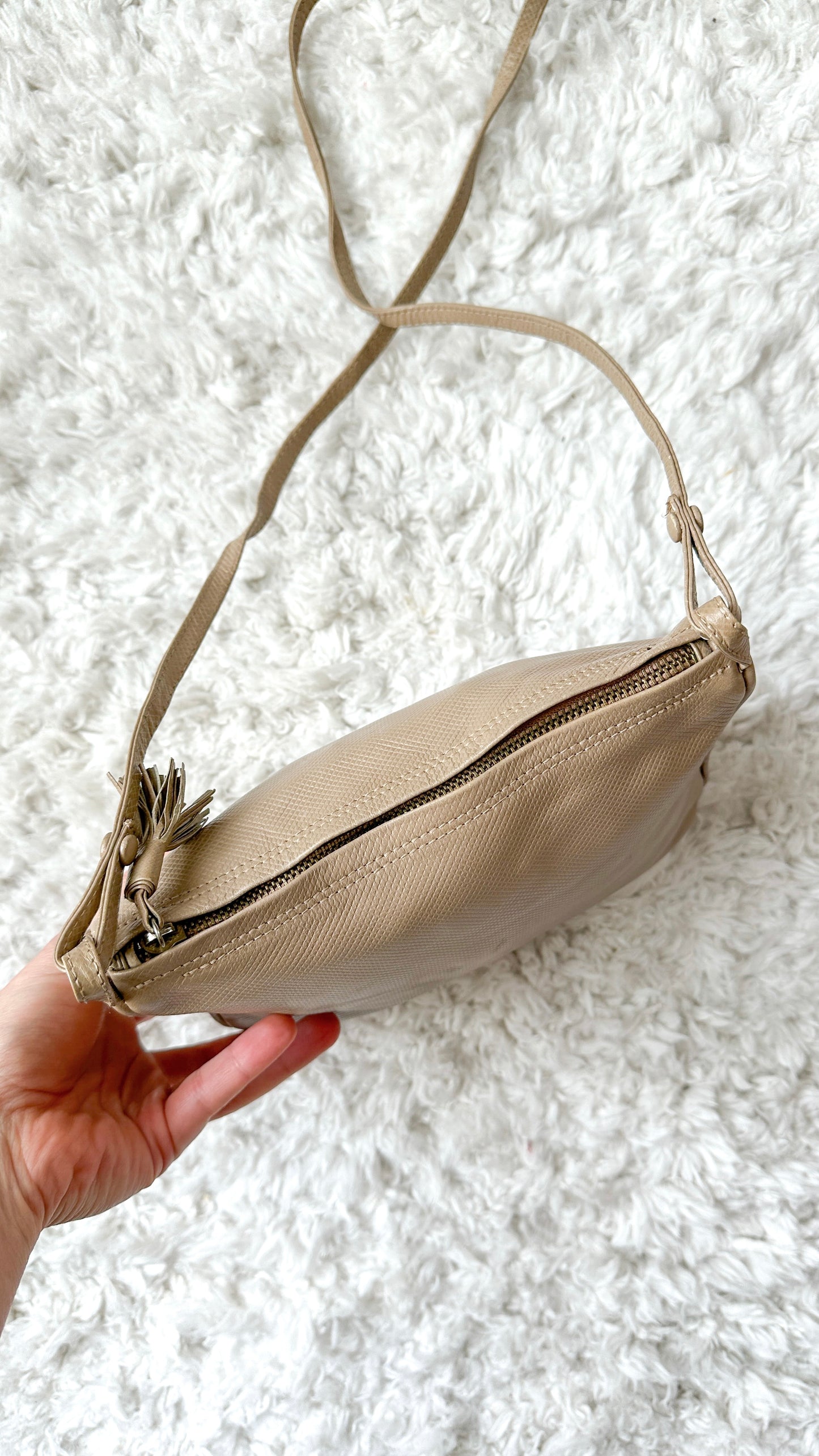 Vintage 80s Bottega Veneta Beige Textured Leather Zip Top Purse