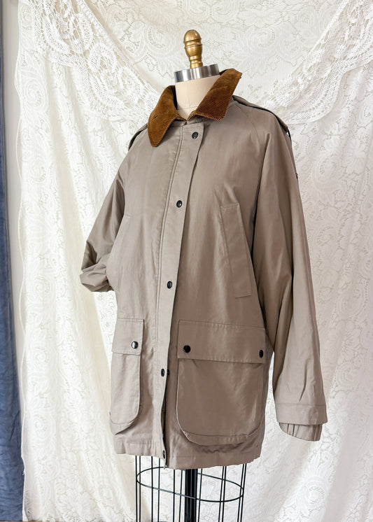 Vintage 90s Burberrys Taupe Khaki Plaid Lined Field Coat with Hood Made in England