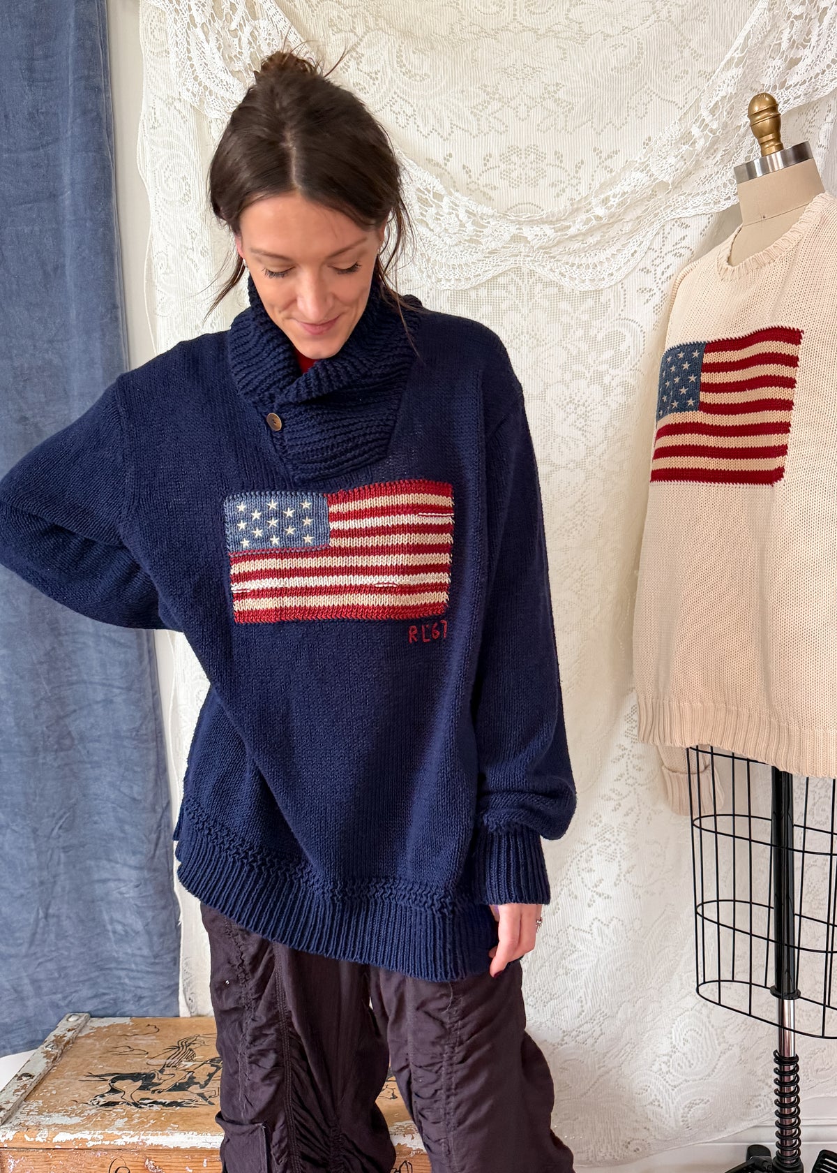 Polo Ralph Lauren RL67 American Flag Linen Cotton Shawl Collar Sweater Navy