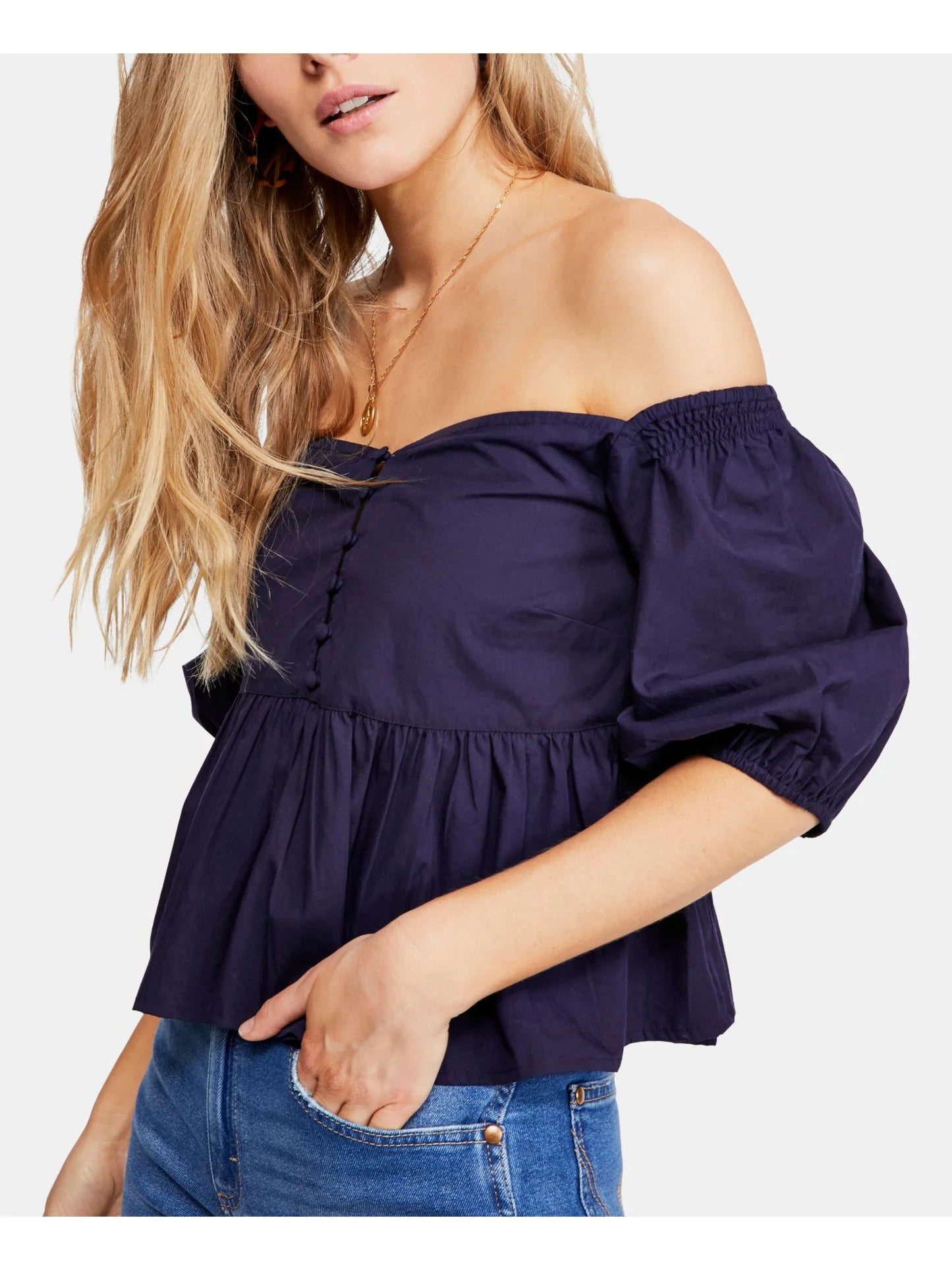 Free People Veronica Top in Navy Blue (M)