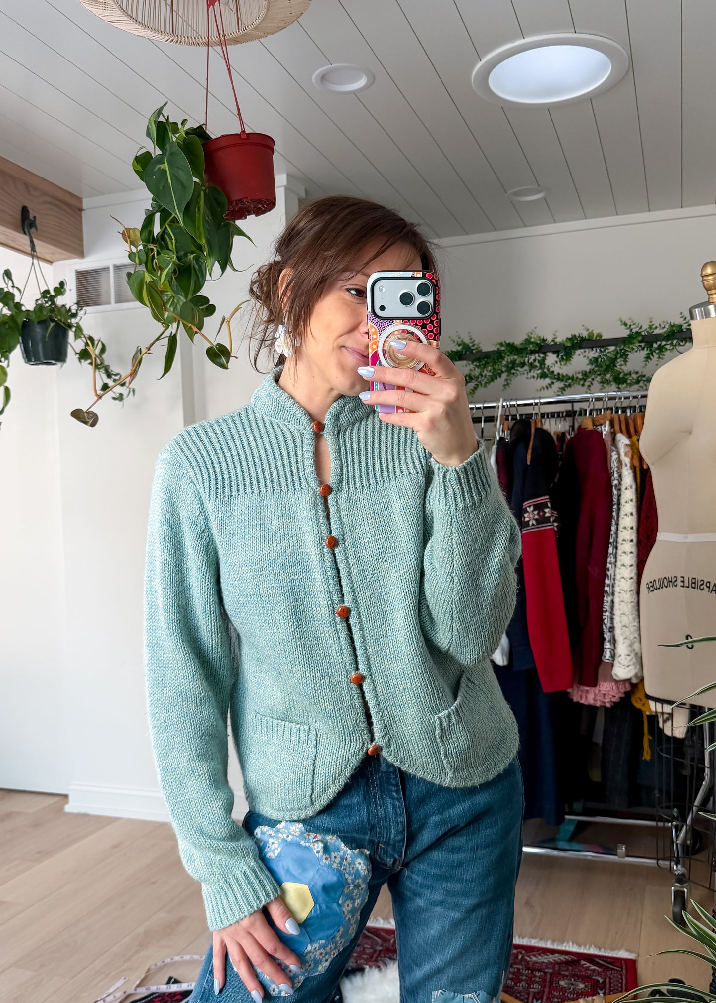 Vintage 80s Diane von Furstenberg Leather Button Aqua Blue Cardigan (M)