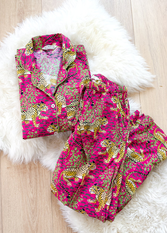 Printfresh Pink Bagheera Long Sleeve & Pants Organic Cotton Pajama Set (S)