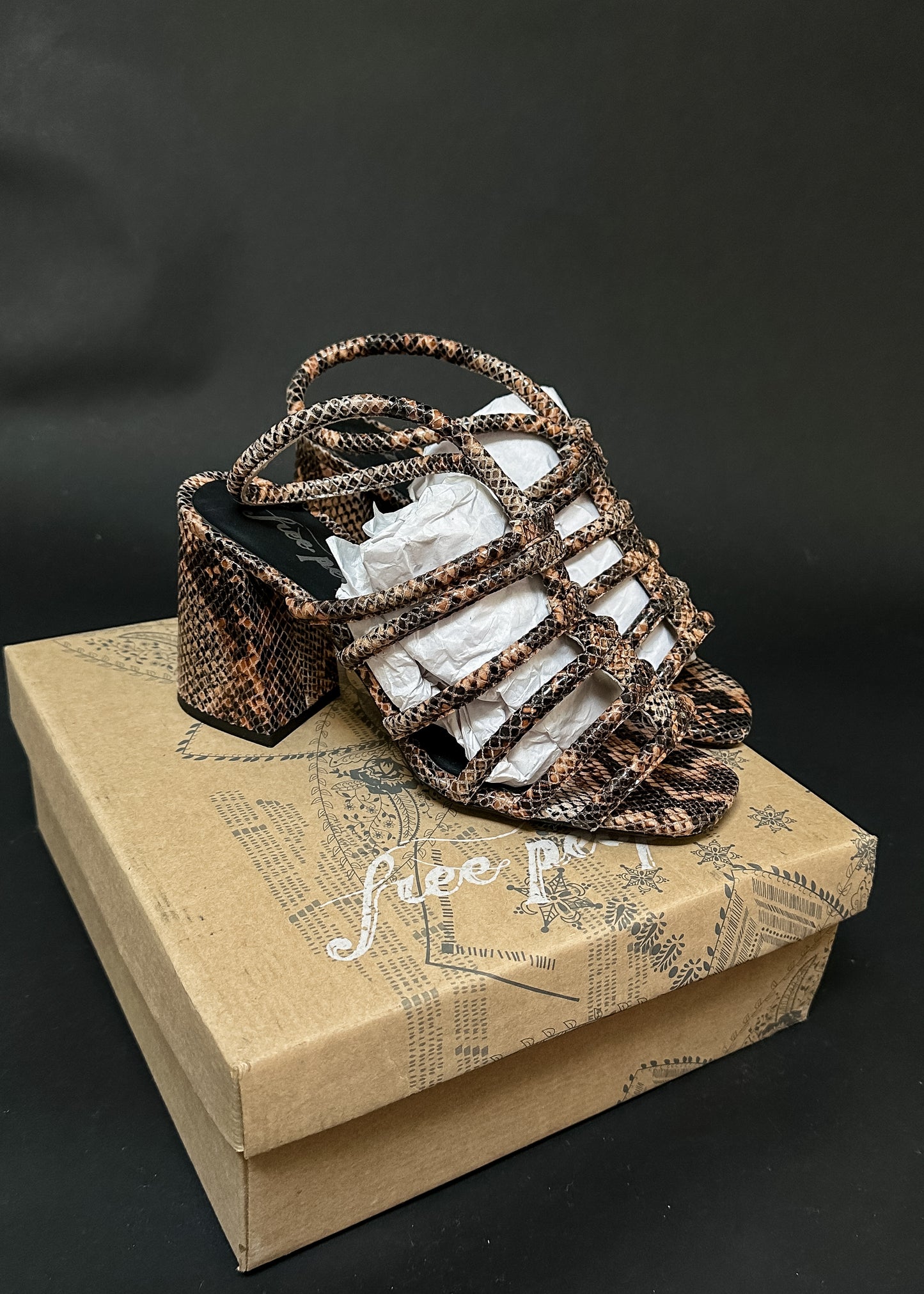 NEW Free People Colette Cinched Cage Heel in Python (39 or 8.5/9)