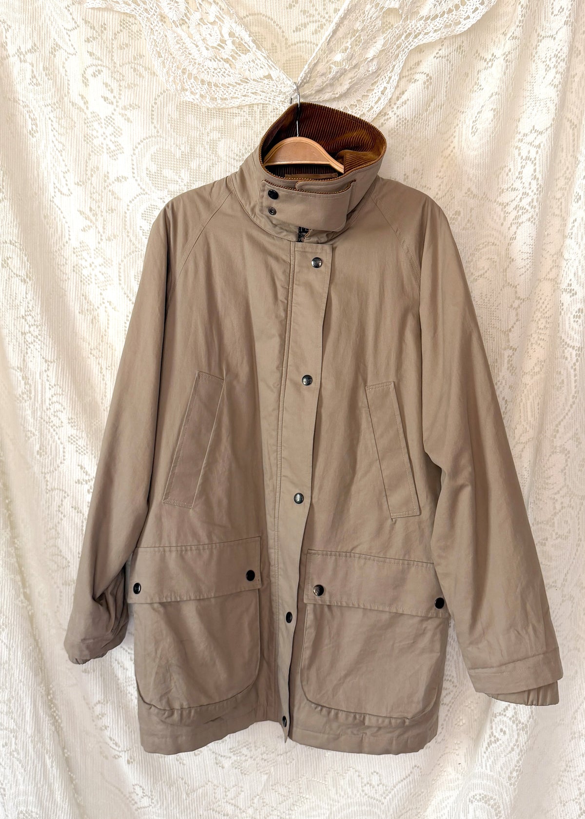 Vintage 90s Burberrys Taupe Khaki Plaid Lined Field Coat with Hood Made in England