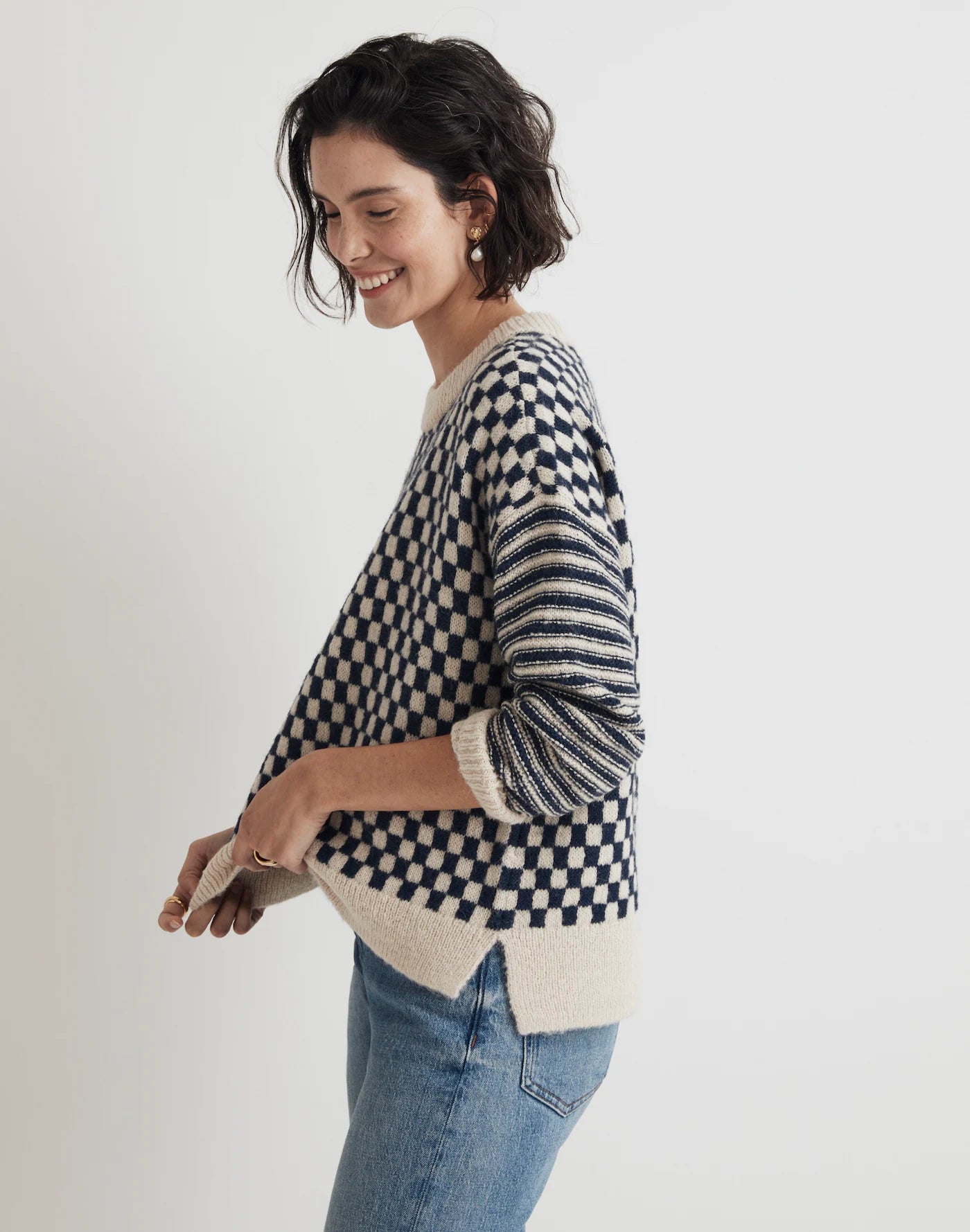 NEW Madwell Crewneck Sweater in Navy Checked Stripe (S)