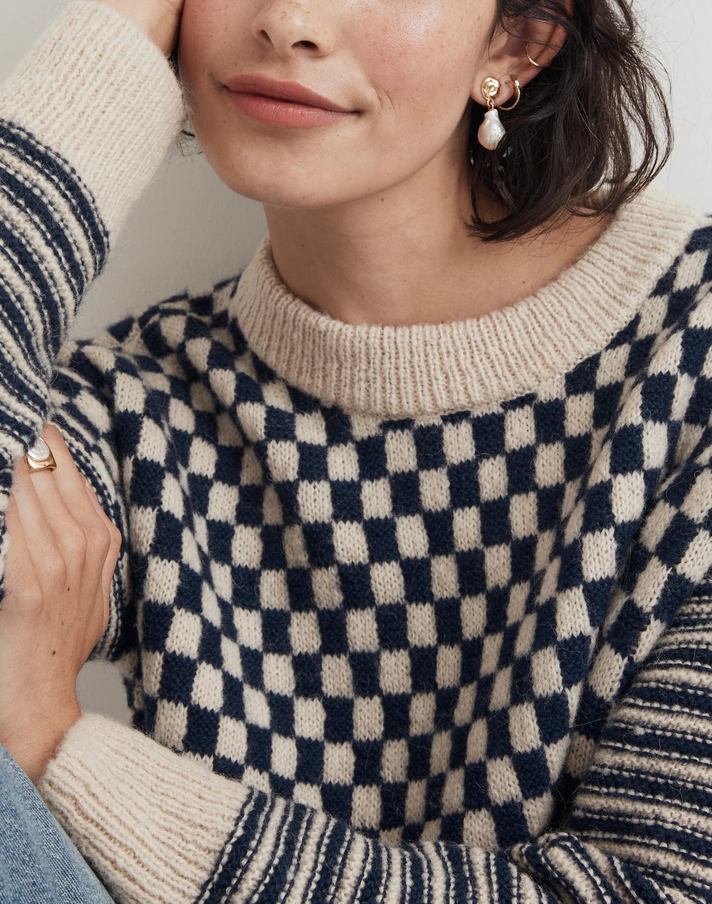 NEW Madwell Crewneck Sweater in Navy Checked Stripe (S)