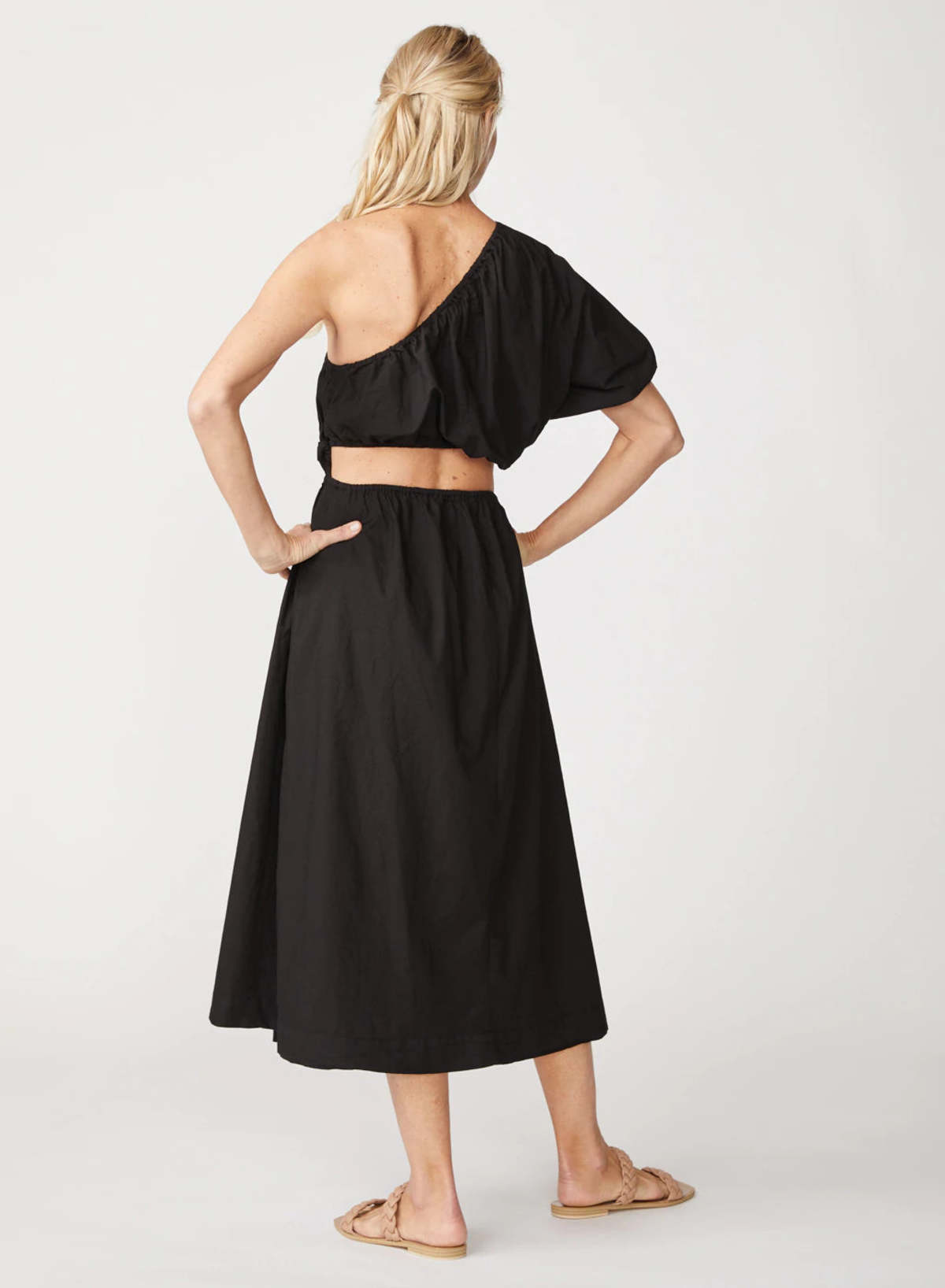 Stateside Poplin Black One-Shoulder Twist Maxi Dress (S)