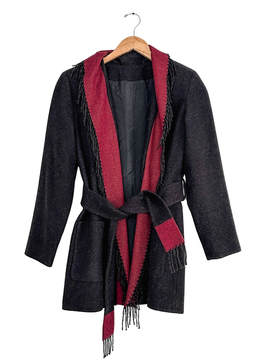 Black Fringe Trim Tie Belt Camel Hair Cardigan Sweater (S)