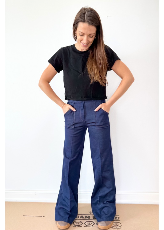 NEW Vintage 70s 80s Dark Denim Pull-On Flare Stretch Jeans (S)