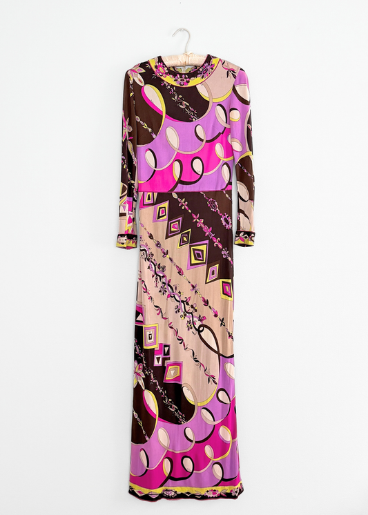 Vintage 60s Emilio Pucci Silk Purple Brown Pink Abstract Maxi Dress