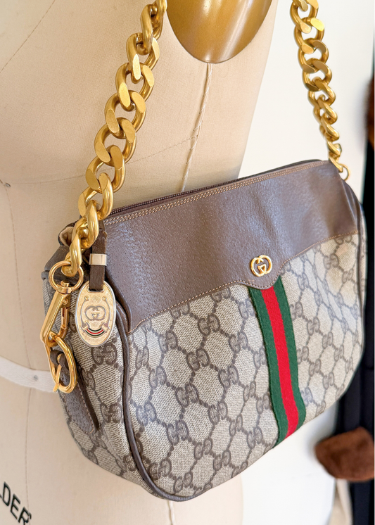 Vintage 80s Gucci Sherry Line GG Brown Shoulder Bag Purse + Gold Shoulder Chain