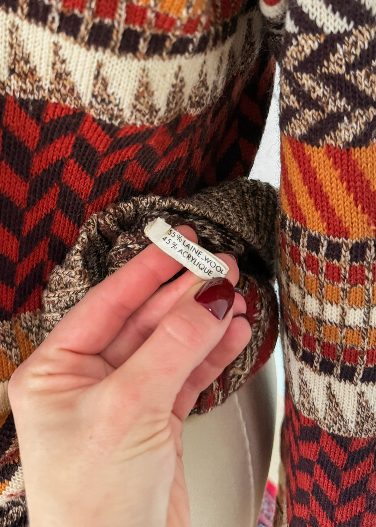 Vintage 70s Saint Laurent Rive Gauche Brown Rust Cream Knit Sweater