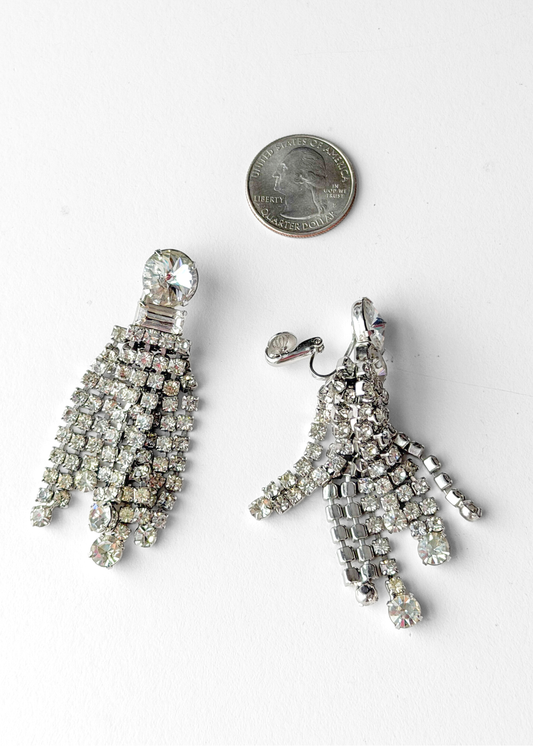 Vintage Clear Rhinestone Chandelier Cascading Statement Clip-On Earrings