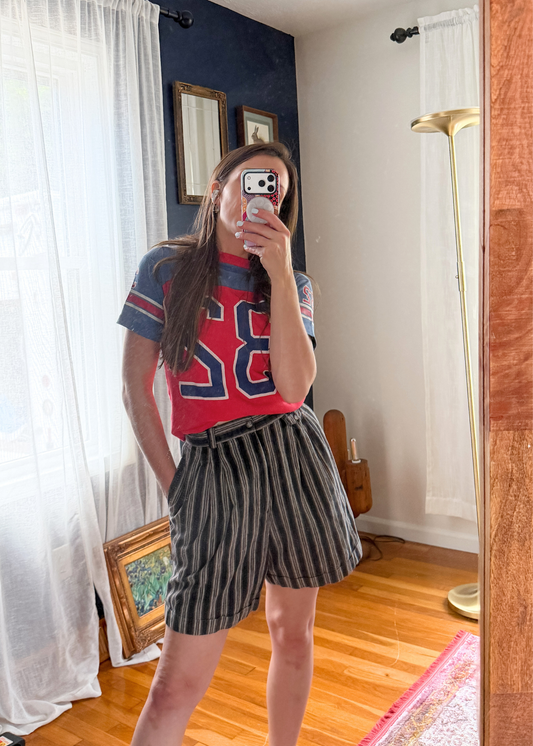 Vintage Casual Corner Striped Cotton Linen High Waist Tailored Summer Shorts