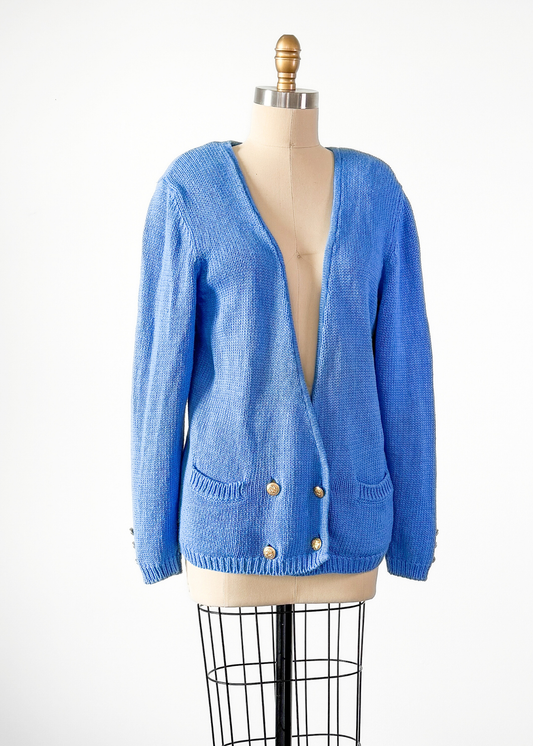 Vintage 90s Robert Scott LTD Cornflower Blue Knit Gold Double Breast Button Cardigan (L)