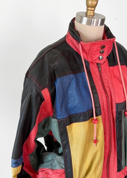 Vintage 80s 90s Adler Leather Colorful Patchwork Coat (M)