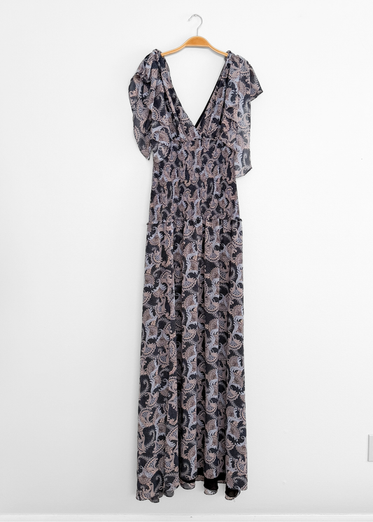 Cinq à Sept Kris Chiffon Dress in Raven Paisley Navy Blue Chiffon Smocked Maxi