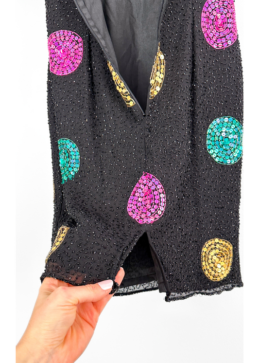 Vintage 90s Leslie Fay Silk and Sequin Polka Dot Mini Dress (6P)