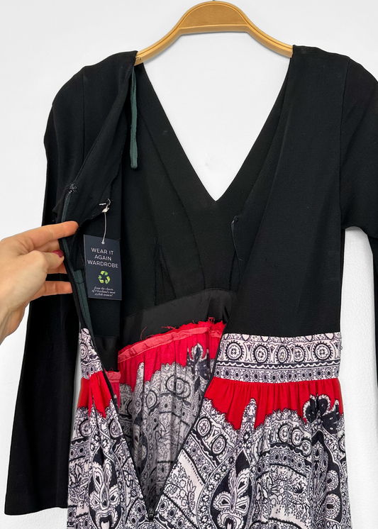 Vintage 70s Black Red and Navy Boho Maxi Dress (S)