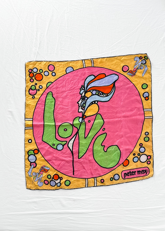 Vintage 60s Peter Max LOVE Pop Art Silk Scarf 26" x 26" made in Japan
