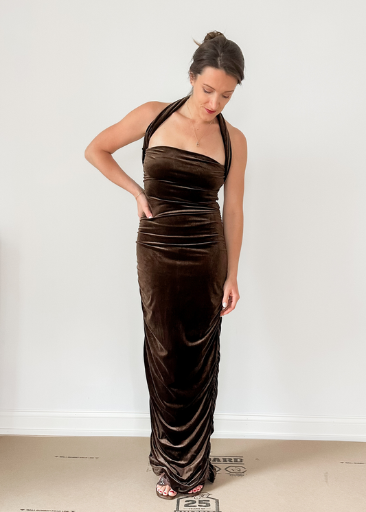 Vintage 90s Hugo Buscati Brown Velvet Ruched Halter Dress
