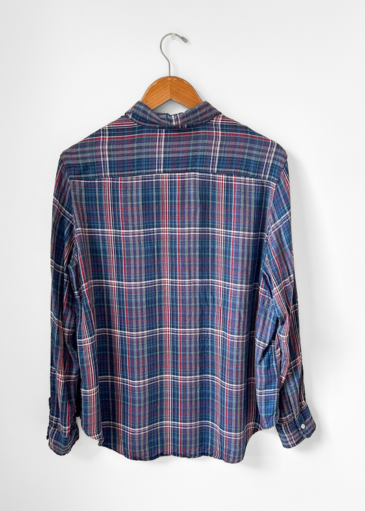 Frank & Eileen Italian Cotton Blue Plaid Relaxed Button Down Top (M)
