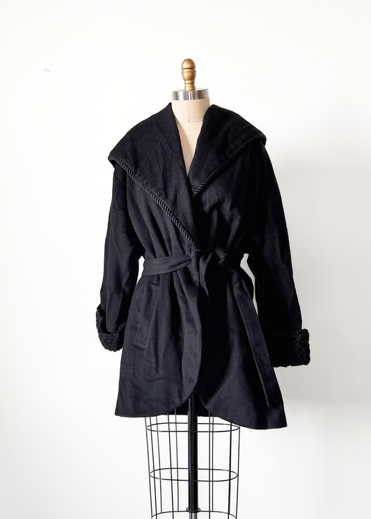 Vintage 80s Lorovi Black Wool Cloak Tie Front Coat (S/M)